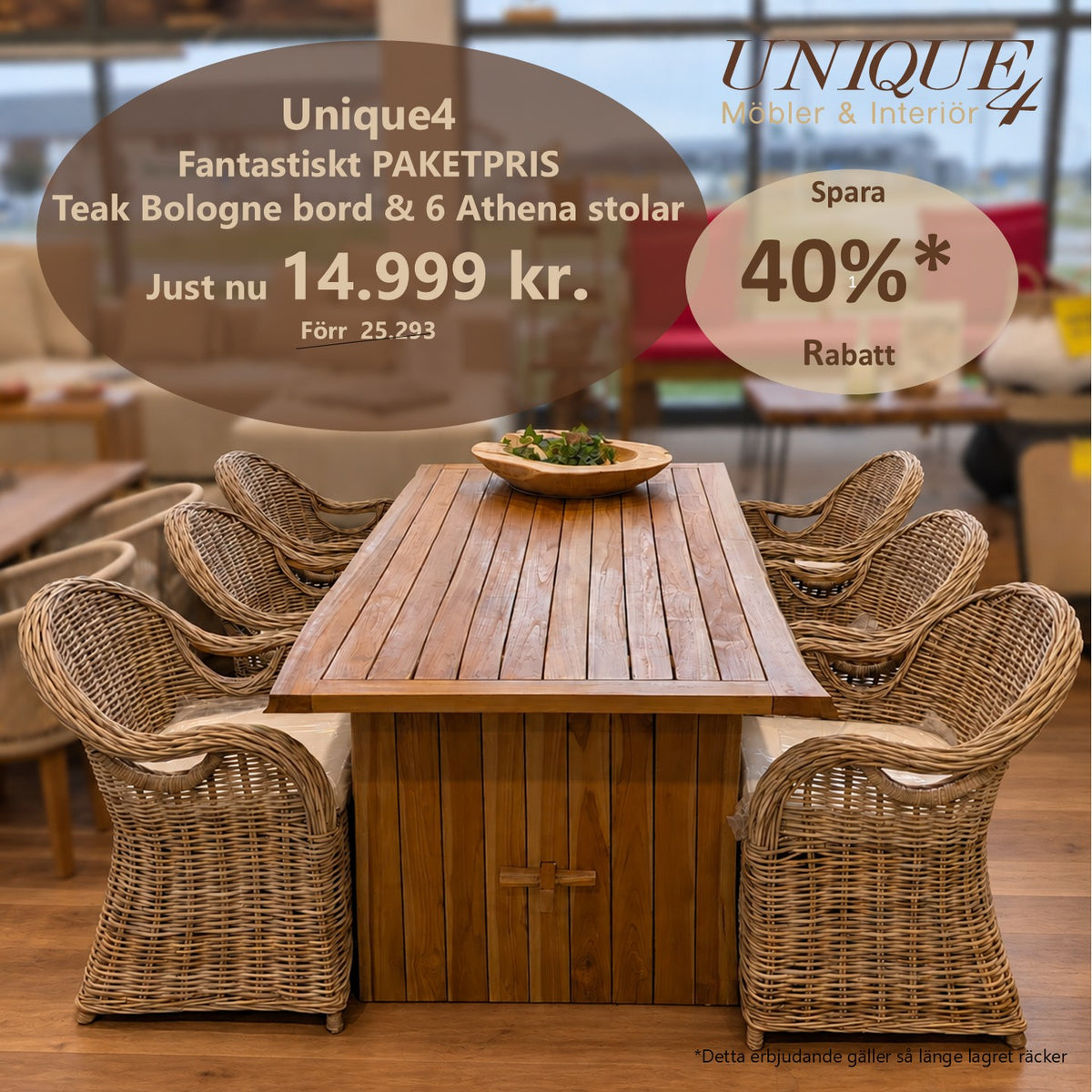 Bologne matgrupp i teak med 6 Athena-stolar