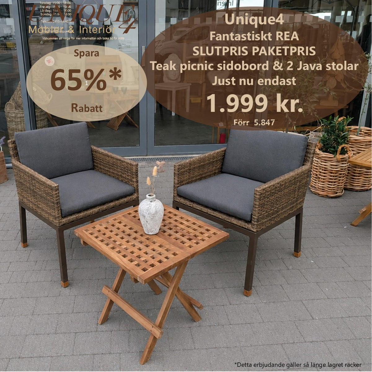 Picnic Sidobord + 2 Java Royal Teak Stolar Caramel