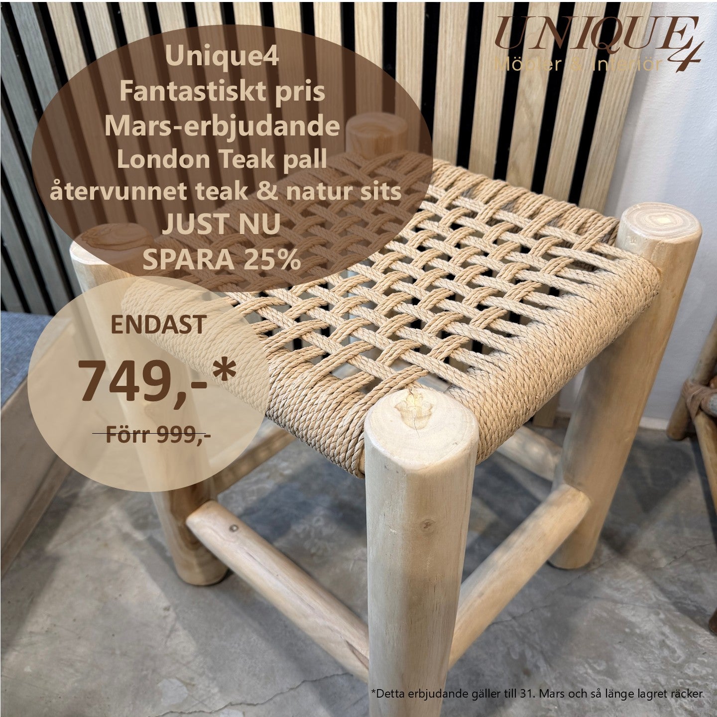 LONDON Pall i Teak med Flätat Rep – Handgjord Fotpall 42cm