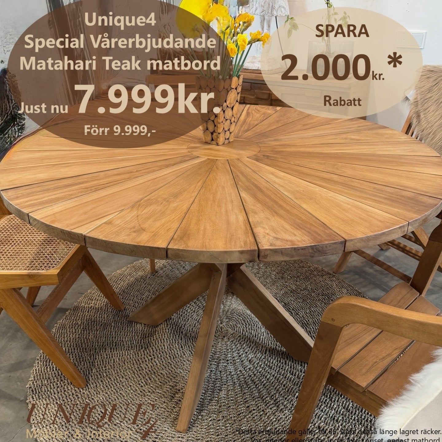 Matahari rundt spisebord i massivt teaktræ 140 cm – Udendørsbord med solmønstret bordplade