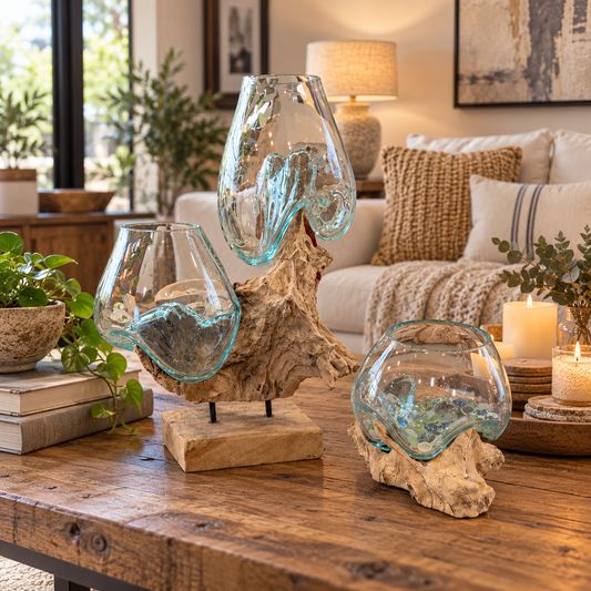 Twin Glass Bowl with Teak Root - Handblown Glass 48×45 cm from Bali