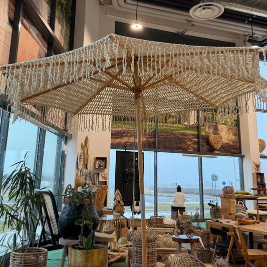 Kendara Virkad Parasoll 250 cm – Beige Lyxmodell i Bomull & Trä