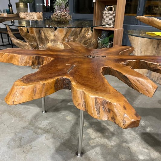 Teakroot sidebord og sofabord Live Edge | Rustfrit stål