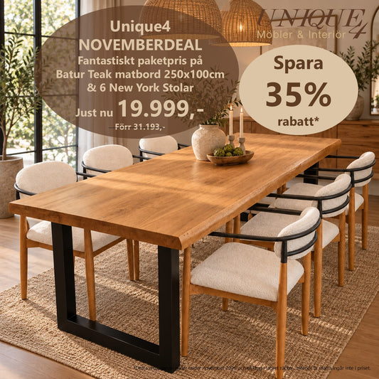 6 NEW YORK matstolar + BATUR matbord i massiv teak
