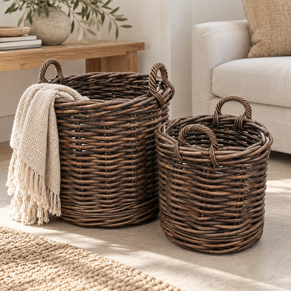 Rottingkorgar Premium med Hjul Set 2 Delar - Mörkbrun Ø60/50 cm