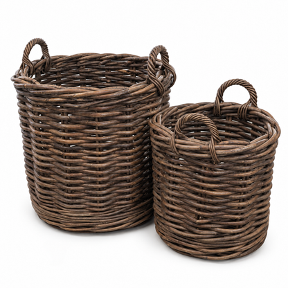 Rottingkorgar Premium med Hjul Set 2 Delar - Mörkbrun Ø60/50 cm
