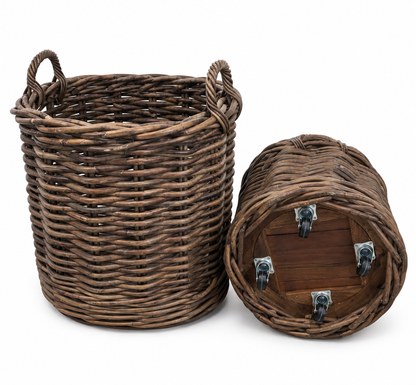 Rottingkorgar Premium med Hjul Set 2 Delar - Mörkbrun Ø60/50 cm