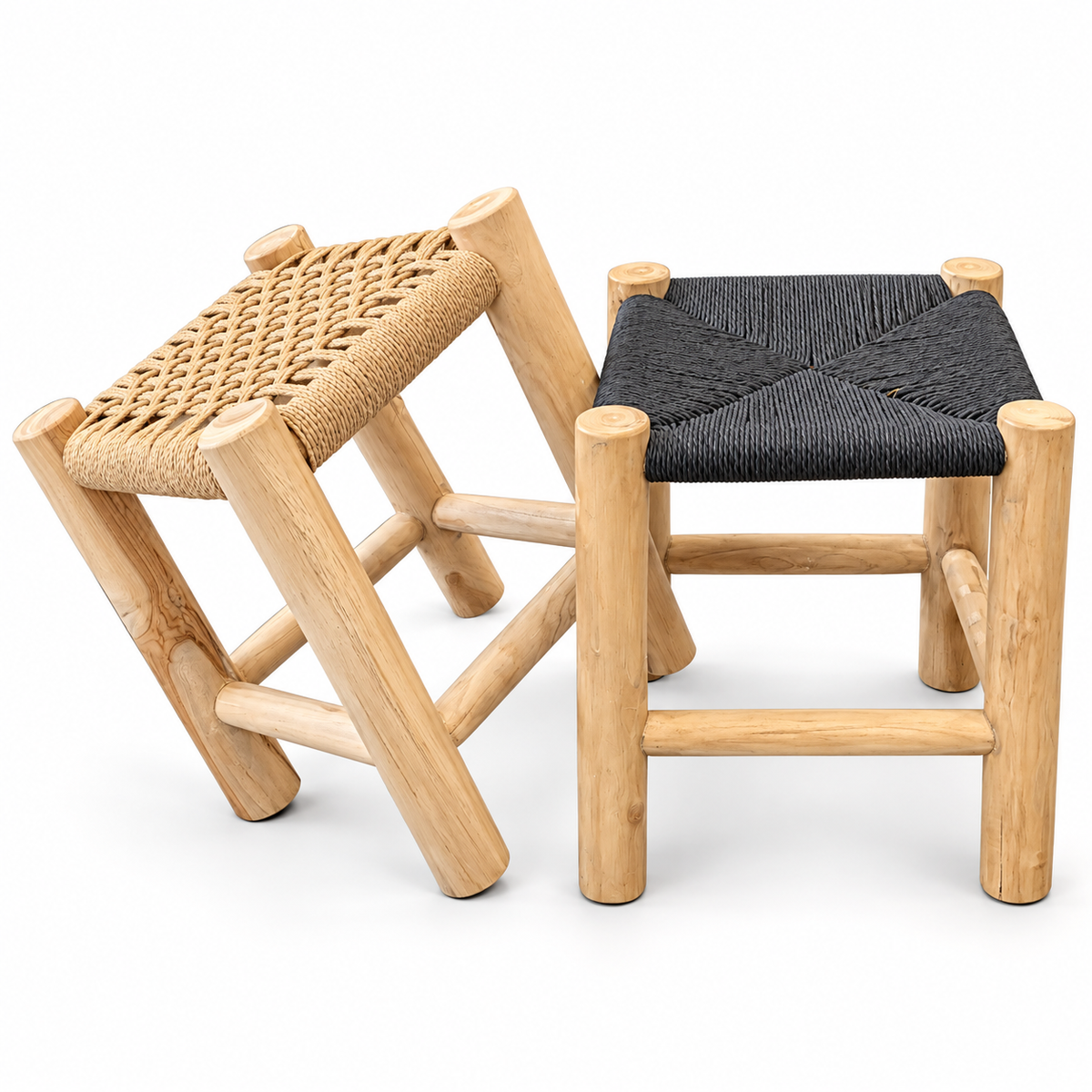 LONDON Teak Stool with Braided Rope – Handmade Footstool 42cm