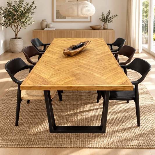 Zigzag Matbord Fiskbensmönster Teak 200x100 cm | Återvunnet Trä Svarta Ben