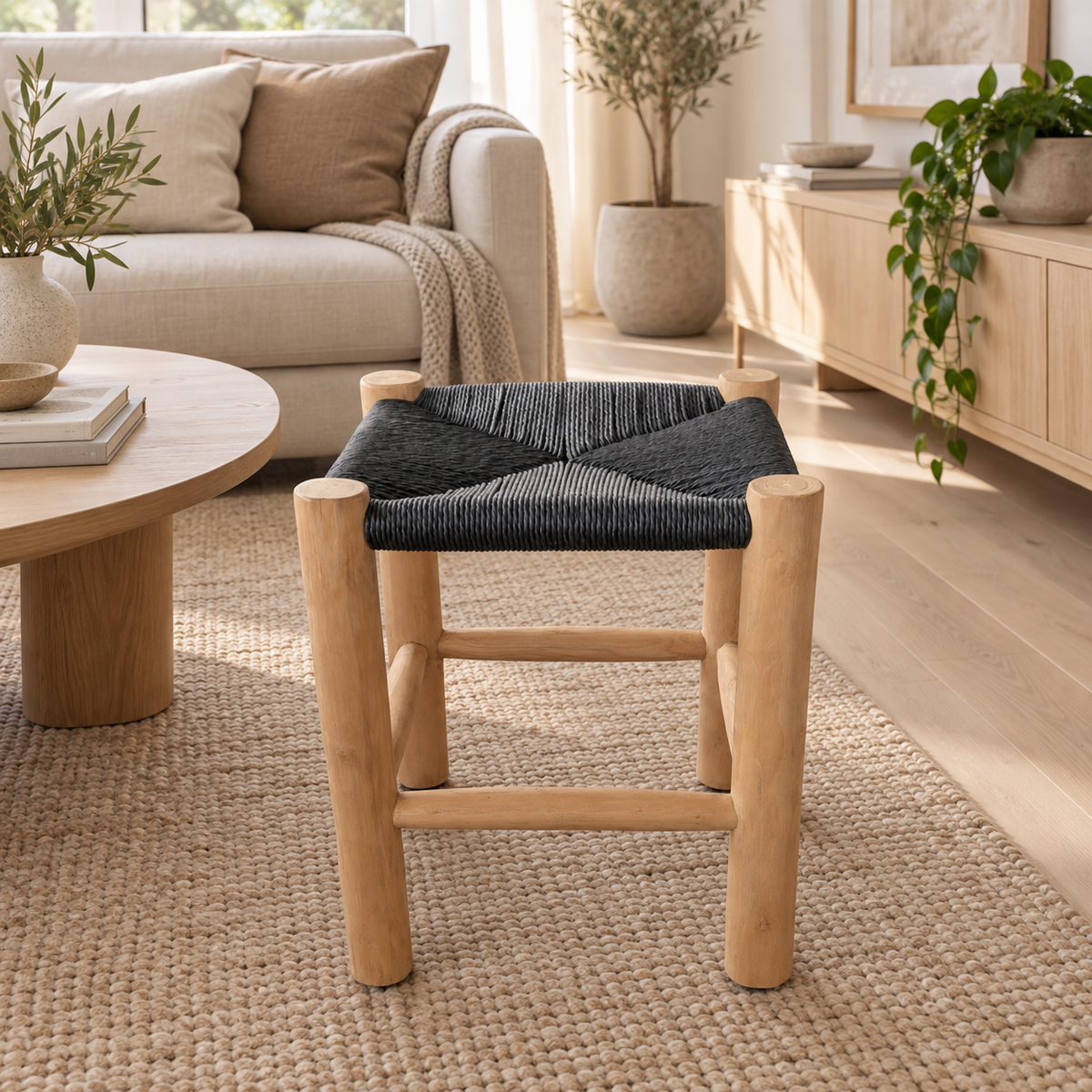 LONDON Teak Stool with Braided Rope – Handmade Footstool 42cm