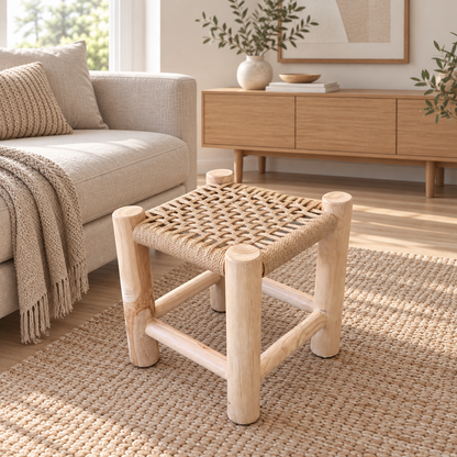 LONDON Teak Stool with Braided Rope – Handmade Footstool 42cm