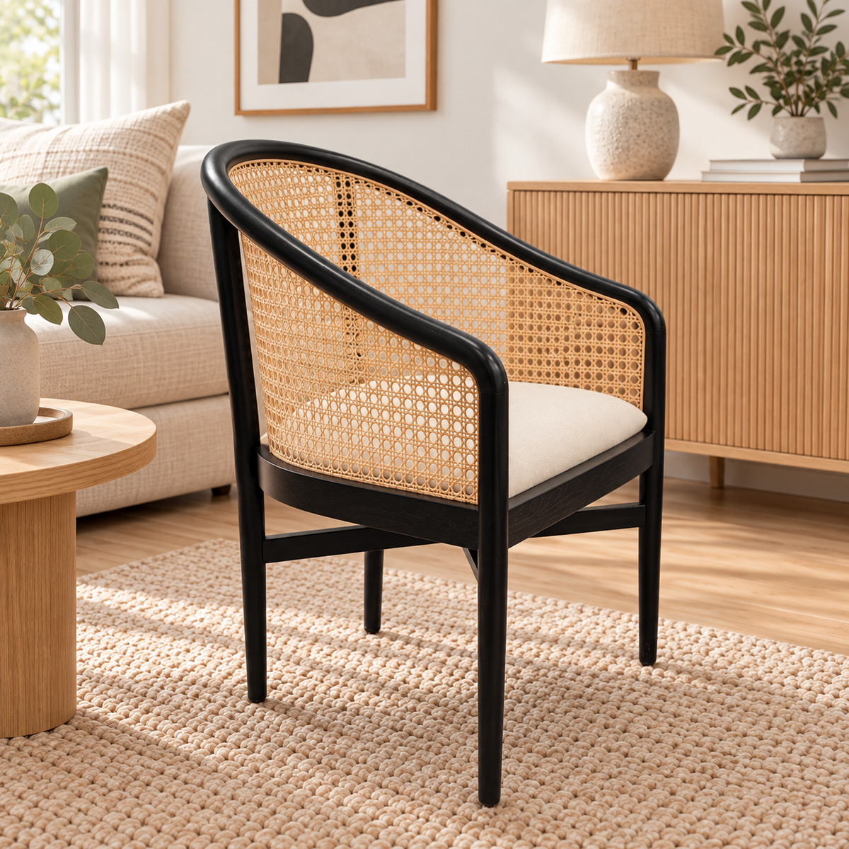 DANISA Armstol i Teak med Naturflätad Rotting – Elegant Fåtölj för Inomhus