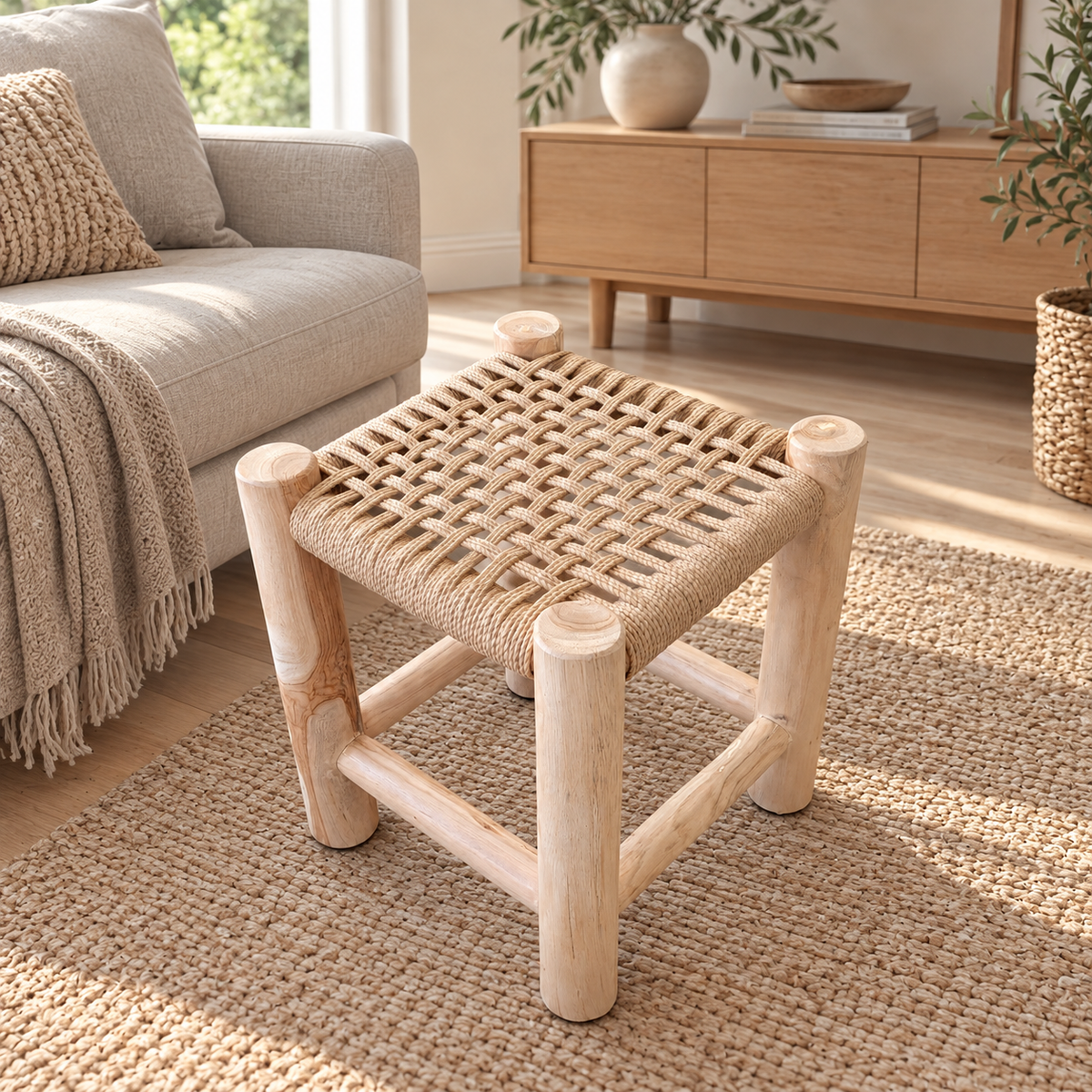 LONDON Teak Stool with Braided Rope – Handmade Footstool 42cm