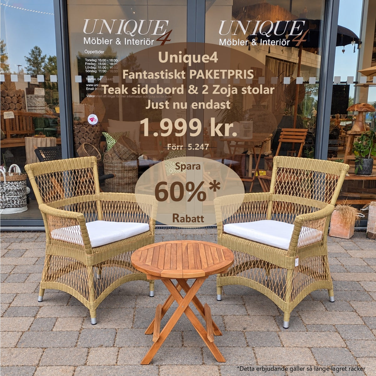 PICNIC Sidobord i Teak + 2 ZOJA Stolar