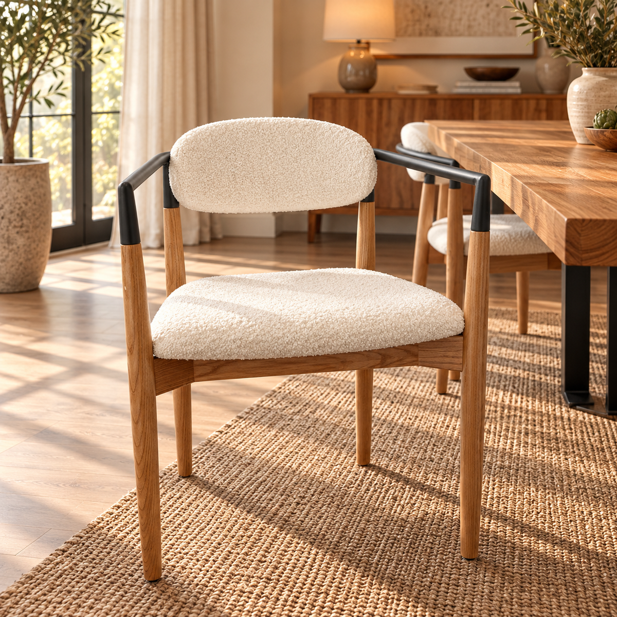 NEW YORK Matstol – Teak, Svart Gjutjärn & Ivory Bouclé