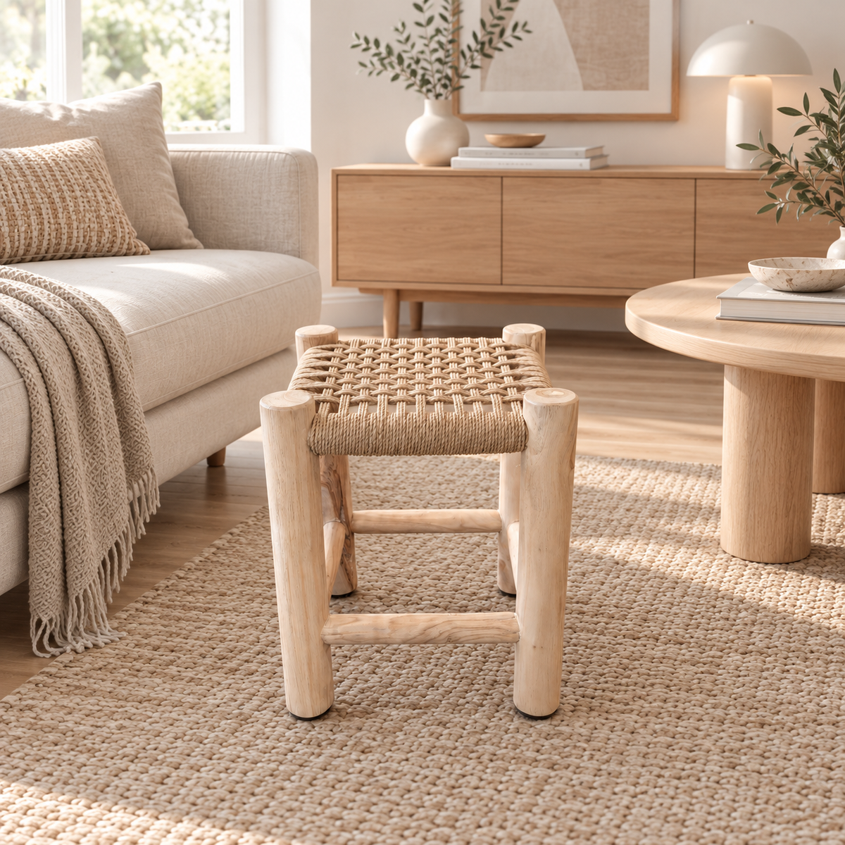 LONDON Teak Stool with Braided Rope – Handmade Footstool 42cm