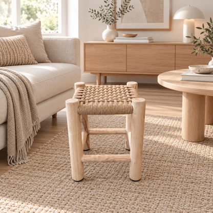 LONDON Teak Stool with Braided Rope – Handmade Footstool 42cm