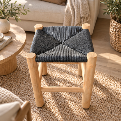 LONDON Teak Stool with Braided Rope – Handmade Footstool 42cm
