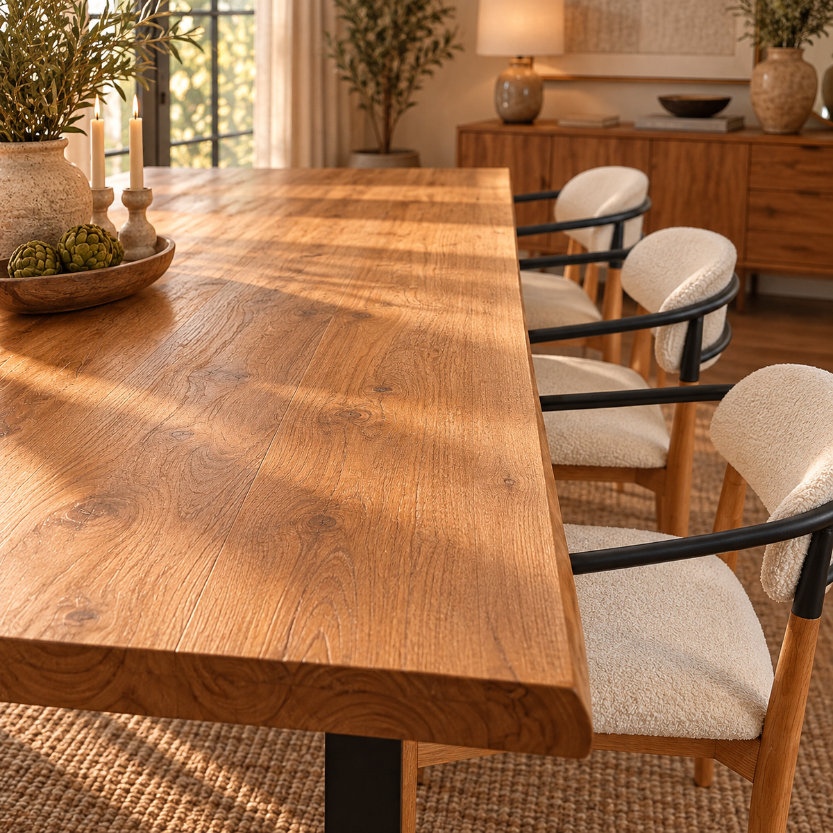 NEW YORK Matstol – Teak, Svart Gjutjärn & Ivory Bouclé