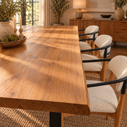 NEW YORK Matstol – Teak, Svart Gjutjärn & Ivory Bouclé
