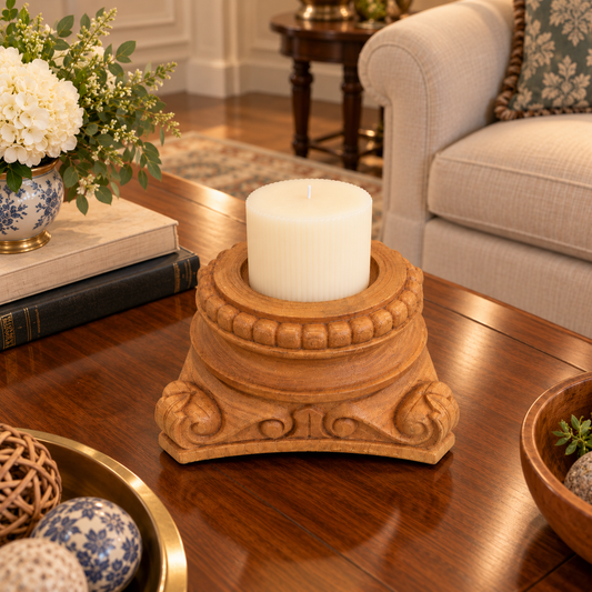 KAOMI Candle Holder Teak 26x26 cm - Rustic Candlestick 3 Candles