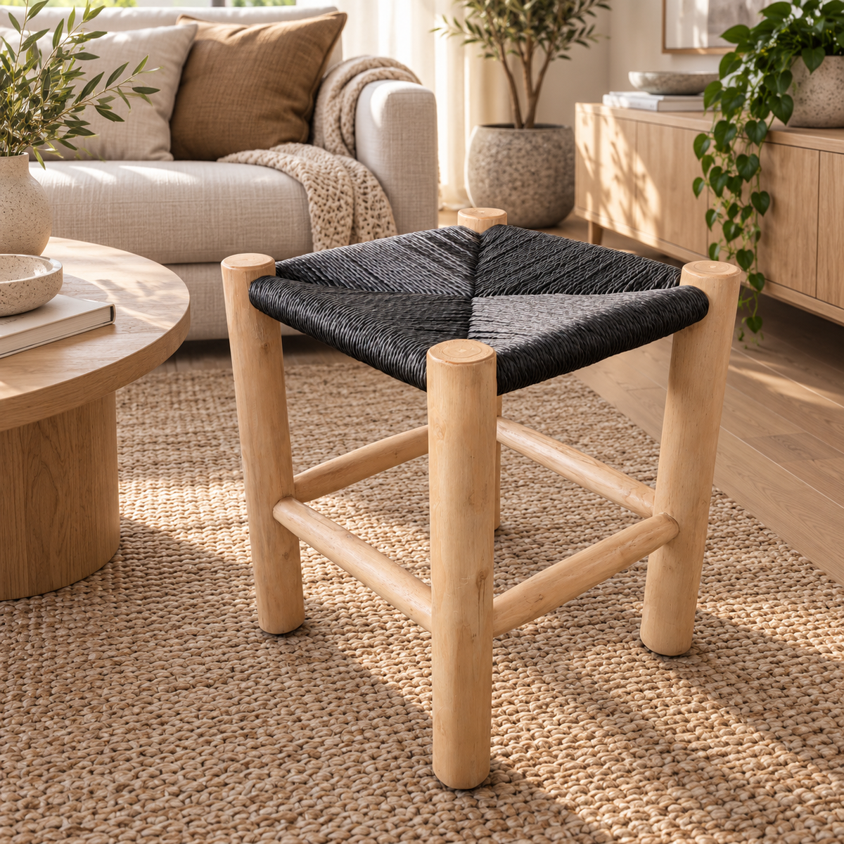 LONDON Teak Stool with Braided Rope – Handmade Footstool 42cm