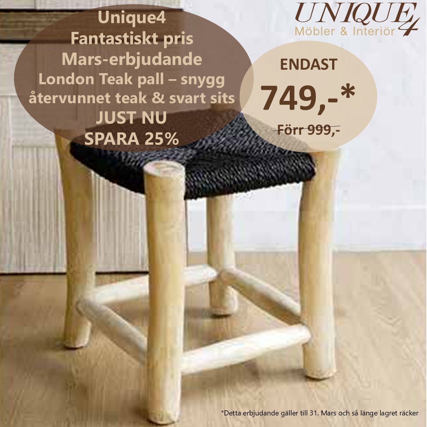 LONDON Pall i Teak med Flätat Rep – Handgjord Fotpall 42cm