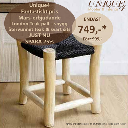 LONDON Pall i Teak med Flätat Rep – Handgjord Fotpall 42cm