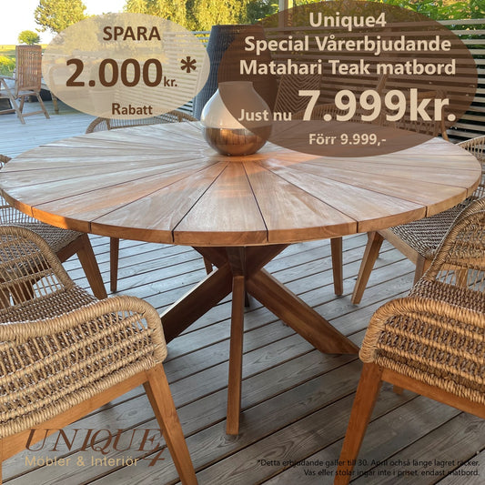 Matahari Runt Matbord i Massiv Teak 140 cm – Utomhusbord med Solmönstrad Bordsskiva
